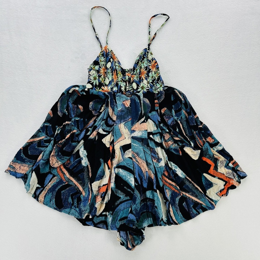 Free People Romper Womens Small Multicolor Floral Abstract Boho Festival Rayon